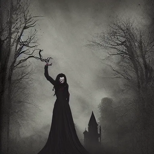 Prompt: a beautiful dark! gothic!! matte painting!!! of a twirling!!!! twisted haunted house, blood, ghosts