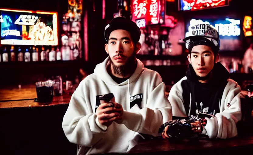 Image similar to cinestill 5 0 d photographic portrait of two white rats wearing streetwear talk at a bar in cyberpunk china, extreme closeup, modern cyberpunk, dust storm, 8 k, hd, high resolution, 3 5 mm, f / 3 2, ultra realistic faces, intricate detail, ex machina