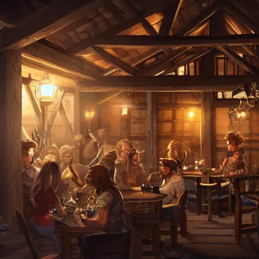 Prompt: a tavern with an open balcony and wooden beams, dimly lit by torchlight and smoke. several tables and chairs are scattered around the room with some tables upstairs on the second floor, people drinking and having a good time, tavern brawl, artstation, 8 k, d & d concept art, d & d art.