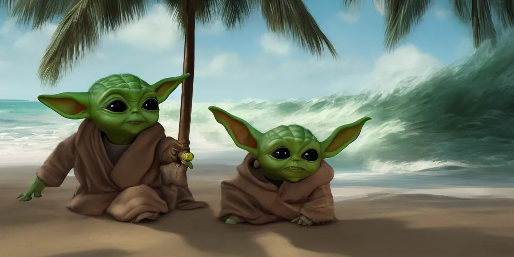 Image similar to Baby Yoda chillin on a beach, waves coming up onto the shore, palm trees swaying in the wind, hyperdetailed, artstation, cgsociety, 8k