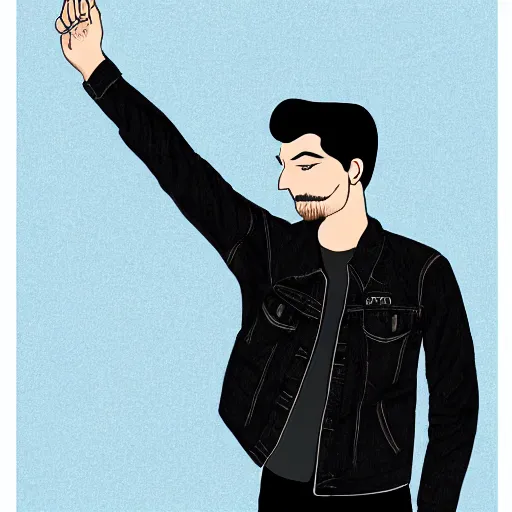 Prompt: a drawing of a man with black hair and beard, wearing a black jacket, white shirt and blue jeans, holding his hands up to his face, illustration, realistic, 8 k, atmospheric, moody, in the style of diego koi