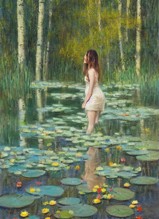 Image similar to full body portrait of a beautiful woman wading knee height in a shallow pond, obscured by water lilies, aspen grove in the background, by Jeremy Mann, stylized, detailed, loose brush strokes, pastel colors, green and yellow tones