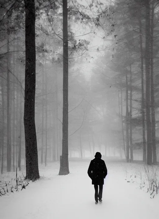 Image similar to a 3 5 mm photo from the back of a senior citizen walking in the misty snowy woods, splash art, movie still, bokeh, canon 5 0 mm, cinematic lighting, dramatic, film, photography, cold blue light, depth of field, award - winning, anamorphic lens flare, 8 k, hyper detailed, 3 5 mm film grain