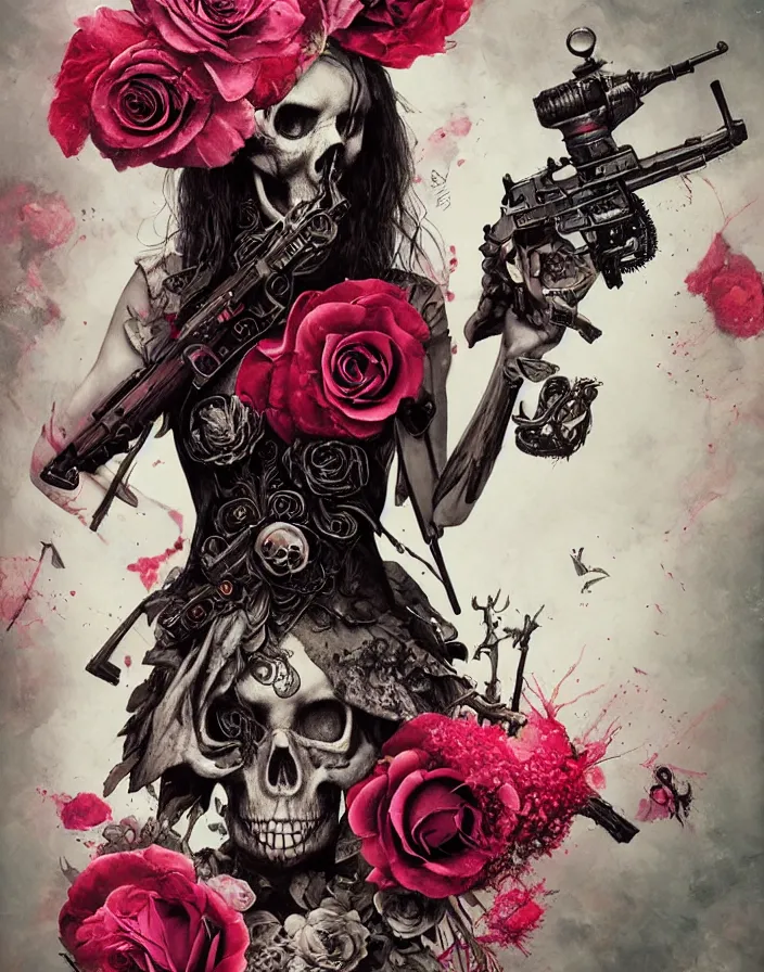 Image similar to Alice in Wonderland,roses, bullets, guns,death tarot card,highly detailed,half skull face,cinematic,8k,by Stanley Artgermm,Tom Bagshaw,Greg Rutkowski,Carne Griffiths, Ayami Kojima, Beksinski, Giger,trending on DeviantArt,hyper detailed,horror, full of colour