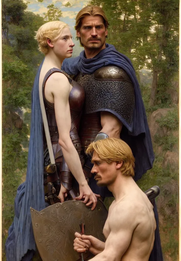 Image similar to attractive handsome fully clothed jaime lannister confesses his love for attractive fully armored brienne of tarth. centered composition. arthurian mountain and forest background. highly detailed painting by gaston bussiere and j. c. leyendecker and william adolphe bouguereau and fra angelico and octane render, musee d'orsay 8 k