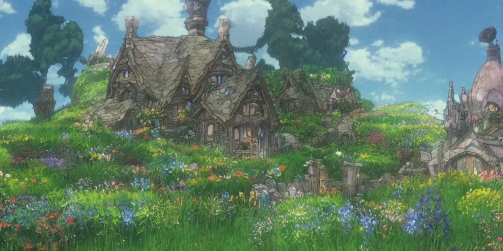 Prompt: a film still of a house from howl's moving castle!!!!! of hobbiton, light bloom, studio ghibli!!!!!