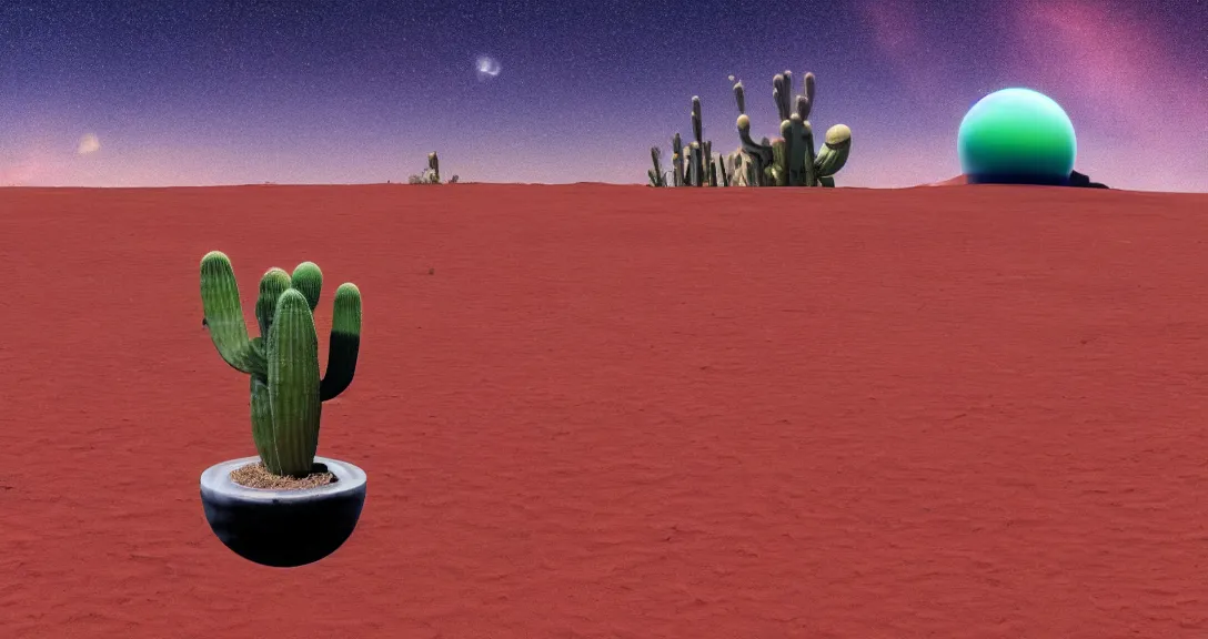 Image similar to ''red sand desert, gas giant in the sky, cactus in the forefront, crashed spaceship in the distance''