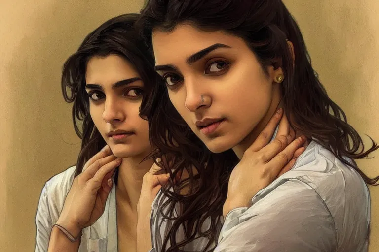 Image similar to Anxious good looking pale young Indian doctors wearing jeans inside a hospital, portrait, elegant, intricate, digital painting, artstation, concept art, smooth, sharp focus, illustration, art by artgerm and greg rutkowski and alphonse mucha