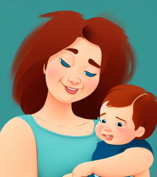 Image similar to a mother with short shoulder length auburn hair, short and curvy and a slightly chubby face holding her infant son with short brown hair full color digital illustration disney / pixar animation 4 k