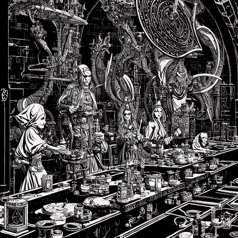 Image similar to ancient alchemist wizards laboratory, high details, lineart, by vincent di fate, inking, 3 color screen print, masterpiece, trending on artstation, etching, sharp, high contrast, hyper - detailed, hd, 4 k, 8 k