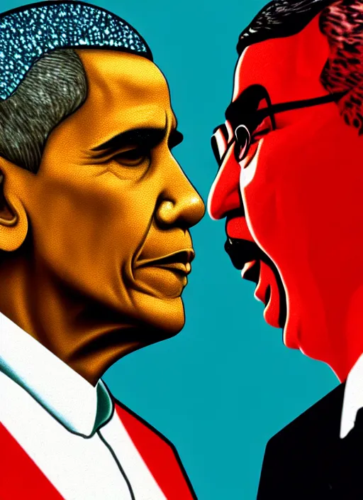 Image similar to pop art obama and khamenei angry each other, no duplicate image, glowing lights, highly detailed, digital painting, artstation, concept art, smooth, sharp focus, illustration, art by richard hamilton and mimmo rottela