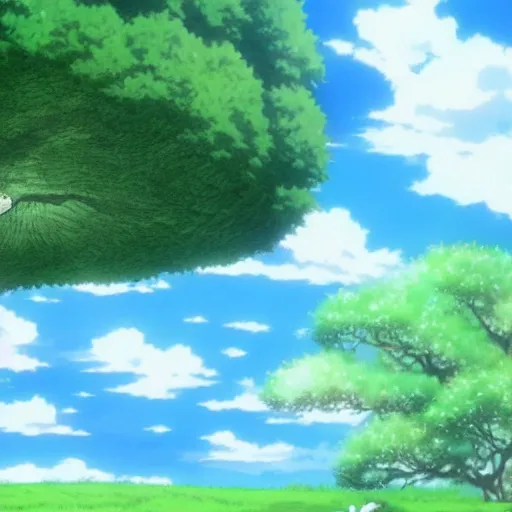 Prompt: white whale flying near giant tree in the green field, anime, HD,