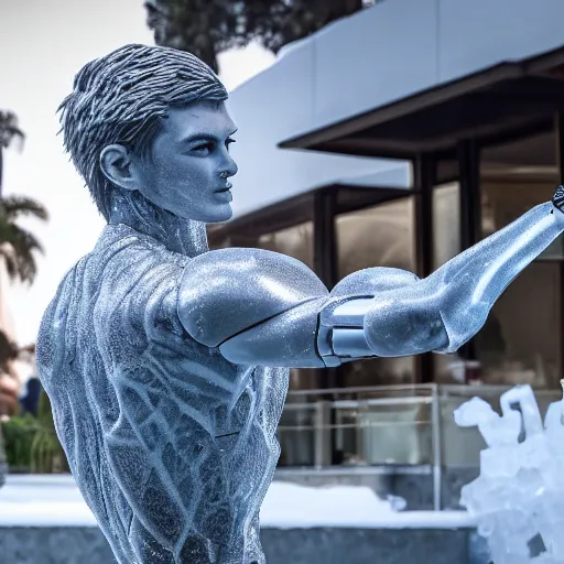 Image similar to made of ice, a realistic detailed photo of a guy who is an attractive humanoid who is half robot and half humanoid, who is a male android, on display, blank stare, showing off his muscles, shiny skin, posing like a statue, by the pool, frozen ice statue, f 1 driver max verstappen, humanoid robot