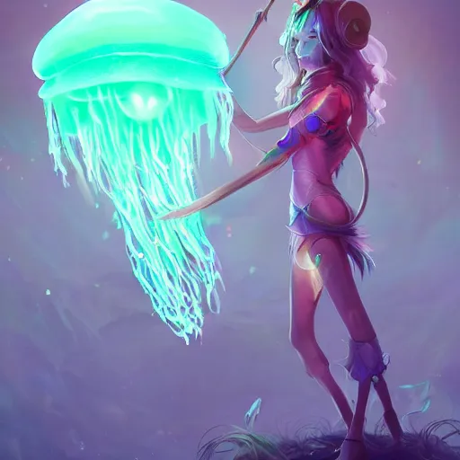 Prompt: magical jellyfish on a wizards staff, glowing luminescent jellyfish spear, concept art, artstation, moods by beeple, wlop, and greg rutkowksi