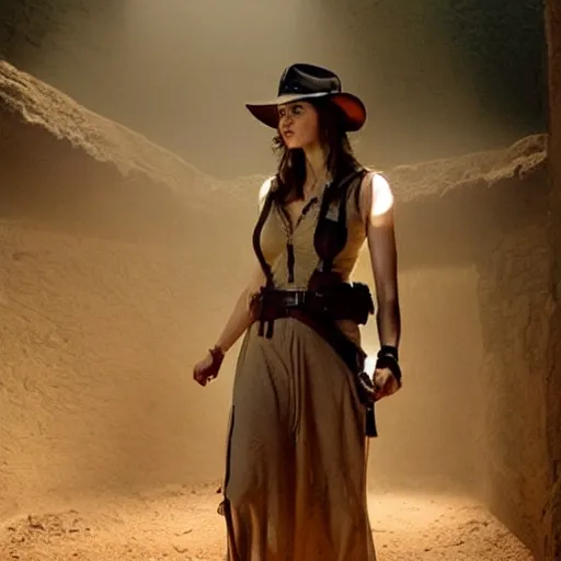 Image similar to A still photograph of Alexandra Daddario as Indiana Jones in Indiana Jones and the Raiders of the Lost Ark