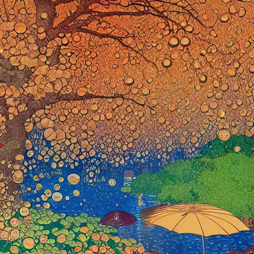 Image similar to Rain, Leaves, Fruit, Flowers, Arboreal, majestic rivers of crystalized color, 8K by Hokusai, Klimt, Dan Mumford and Tom Whelan