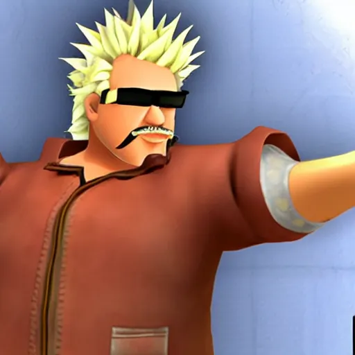 Prompt: an in-game Screenshot of Guy Fieri as a character in Team Fortress 2 (2007)