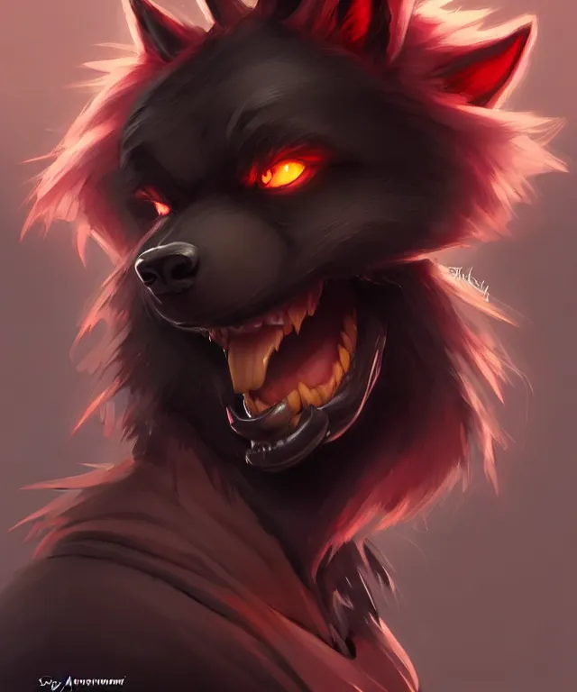 Image similar to character concept art of a black anthropomorphic male furry wolf long red hair | | cute - fine - face, pretty face, key visual, realistic shaded perfect face, fine details by stanley artgerm lau, wlop, rossdraws, james jean, andrei riabovitchev, marc simonetti, and sakimichan, trending on artstation