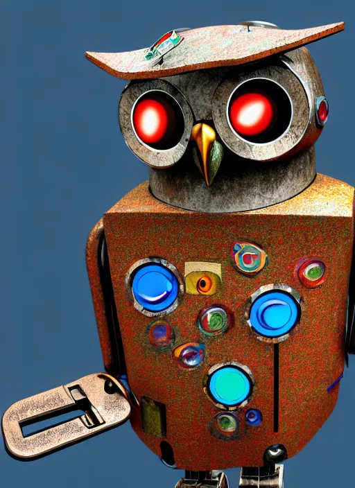 Image similar to colored pencil and pen drawing of an animatronic robot owl, bird made from rusty old keys and padlocks, 4 k photorender realityengine