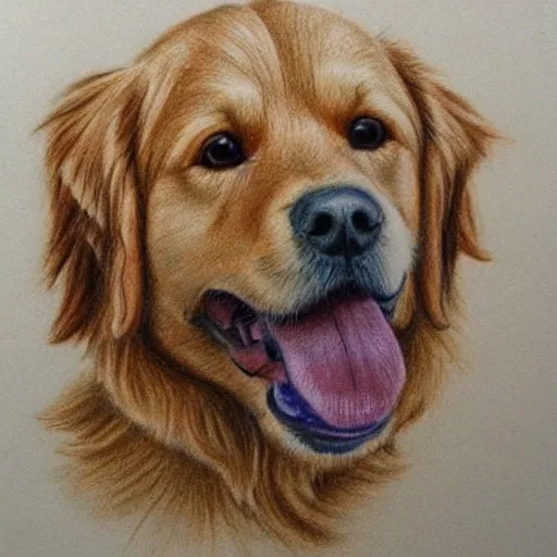 Image similar to finished 8 2 years old drawing of a golden retriever, crayons. high details, photorealistic, artstation trending