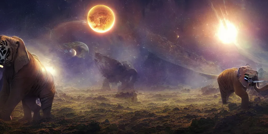 Image similar to planet - sized tiger elephant in space, next to the sun and stars, giant castle, very wide shot, epic composition, hyper detailed, digital art, trending in artstation, cinematic lighting, studio quality, unreal engine 5 rendered, art style by klimt and nixeu and ian sprigger and wlop and krenz cushart