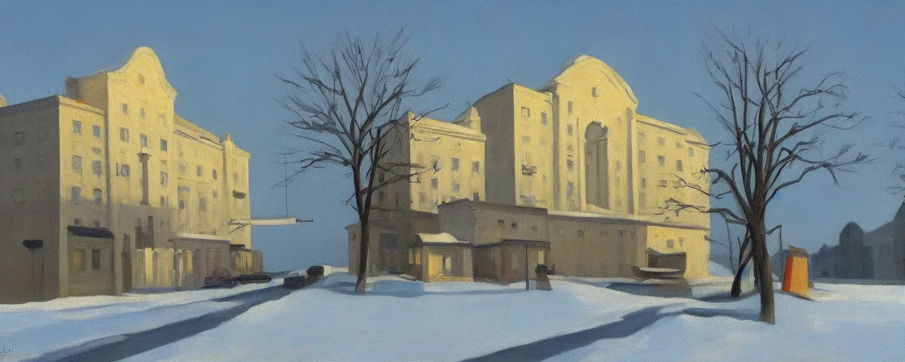 Image similar to an edward hopper style painting of a ( ( ( ( ( ( ( ( miskolc, is a city in northeastern hungary ) ) ) ) ) ) ) ), winter, january of 1 9 4 8