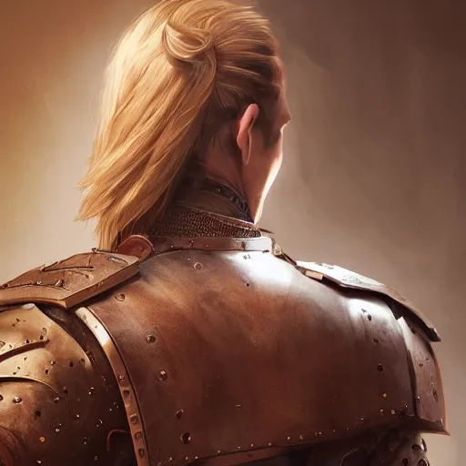 Image similar to rear side portrait of a muscular, ponytail haired blonde man with only left arm armored, wearing a thick brown leather coat, looking to his left, DnD, fantasy, dramatic lighting, digital art by Ruan Jia, Donglu Yu