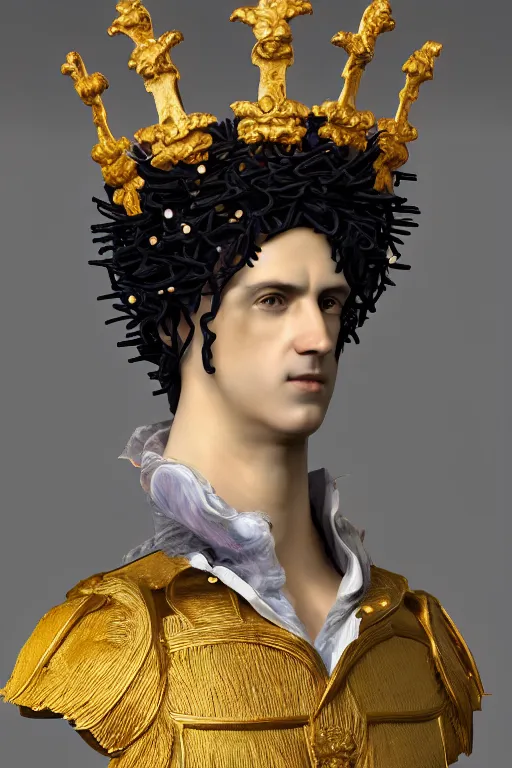 Prompt: a realistic porcelain full-head baroque style bust of handsome young Spanish brunette prince with a spiky hair and a crown made of colored pipecleaners, suspended in outer space, photorealism, octane render, depth of field, 8k, 35mm, artgem, Trending on artstation