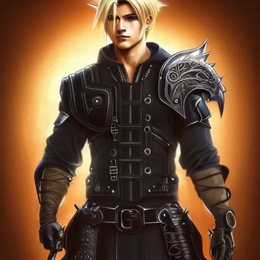 Image similar to Cody Christian as Cloud Strife, western, D&D, fantasy, intricate, elegant, highly detailed, digital painting, artstation, concept art, matte, sharp focus, illustration, art by Artgerm and Greg Rutkowski and Alphonse Mucha