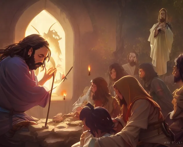 Prompt: photography of jesus christ shooting anime characters, deep focus, d & d, fantasy, intricate, elegant, highly detailed, digital painting, artstation, concept art, matte, sharp focus, illustration, hearthstone, art by artgerm and greg rutkowski and alphonse mucha