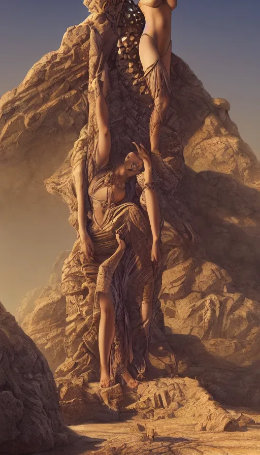 Image similar to giant stone monuments, human statues across the desert, neon, fibonacci, sweat drops, insane, pinup, intricate, highly detailed, digital painting, artstation, concept art, smooth, sharp focus, illustration, Unreal Engine 5, 8K, art by artgerm and greg rutkowski and alphonse mucha