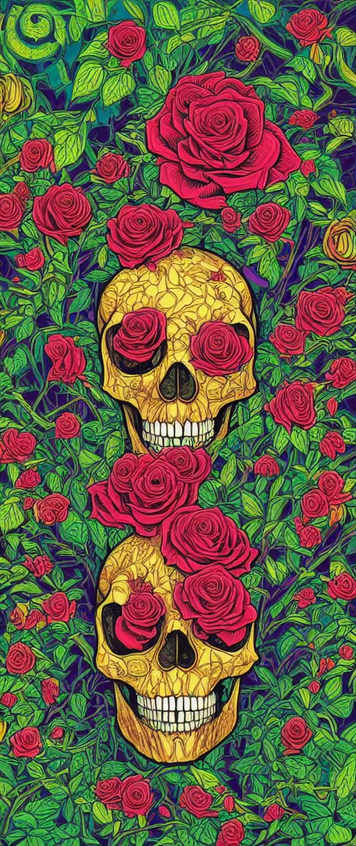 Image similar to ortographic view of a large skull and psychedelic roses with a forest background by Jen Bartel and Dan Mumford and Satoshi Kon, gouache illustration