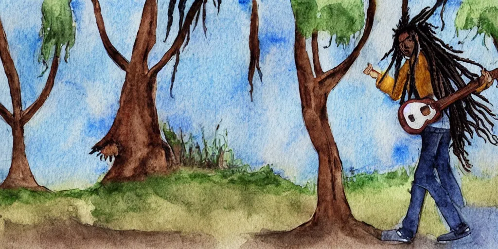 Image similar to side shot of a man with dreadlocks walking while playing the guitar with trees in the background, in watercolor style, animation, concept art