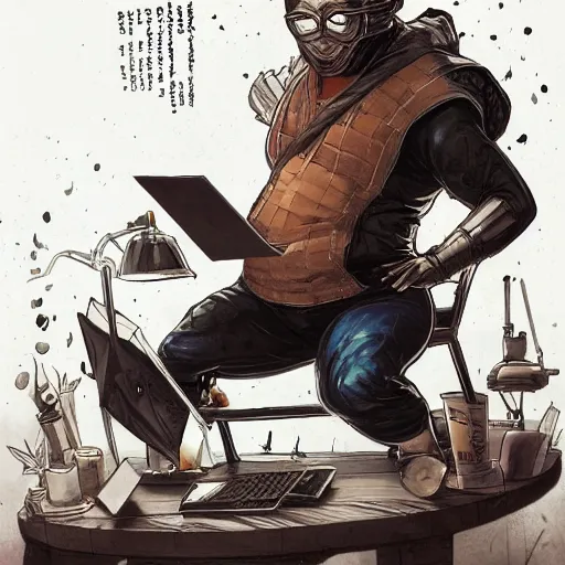 Image similar to an insanely detailed painting of a chubby nerdy asian man wearing a homemade superhero costume and mask, sitting at a computer desk typing on the keyboard, in the style of peter mohrbacher, dramatic lighting and composition, trending on artstation, concept art, comic book, graphic novel, back view