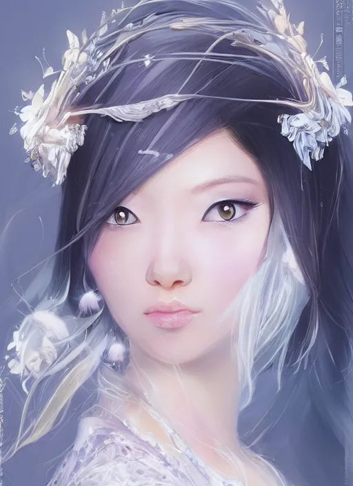 Image similar to “ beautiful adorable oriental princess, youthful attractive, white clothes, grace, flowing hair, muted colors, symmetrical face portrait, artstation, cgsociety, character concept art, highly detailed ”