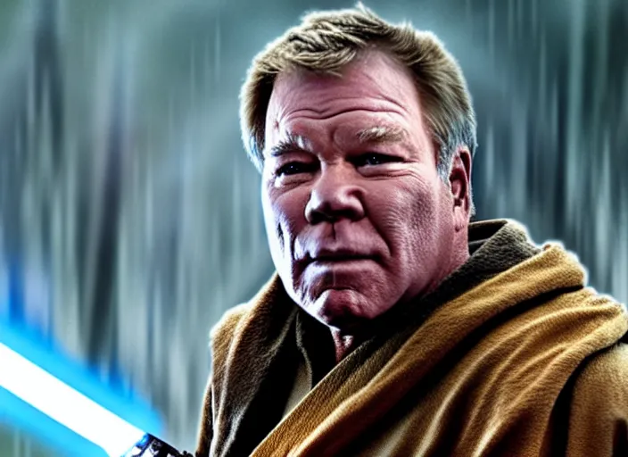 Image similar to william shatner as luke skywalker, bearded and wearing a robe, in star wars : the force awakens ( 2 0 1 5 ). movie still