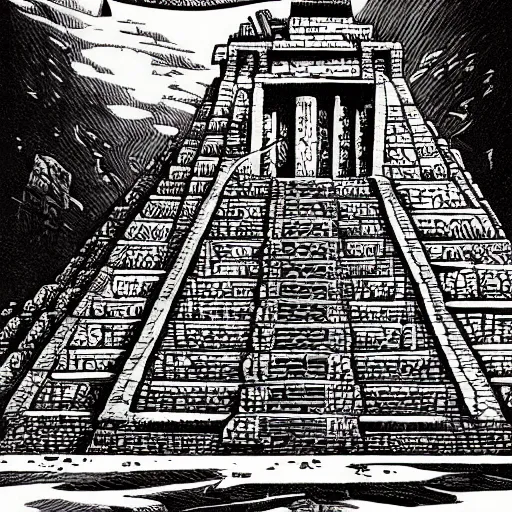 Image similar to precisely drawn illustration of a Mayan temple, wide angle, sharp, fine details, French comic style, cyberpunk, intense line art, 8k, precise linework, realistic, in the style of Richard Corben and Moebius