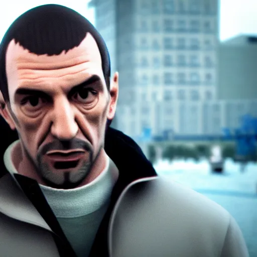 Image similar to film still of Niko Bellic, sigma 85mm f/1.4, 4k, depth of field, high resolution, 4k, 8k, hd, full color