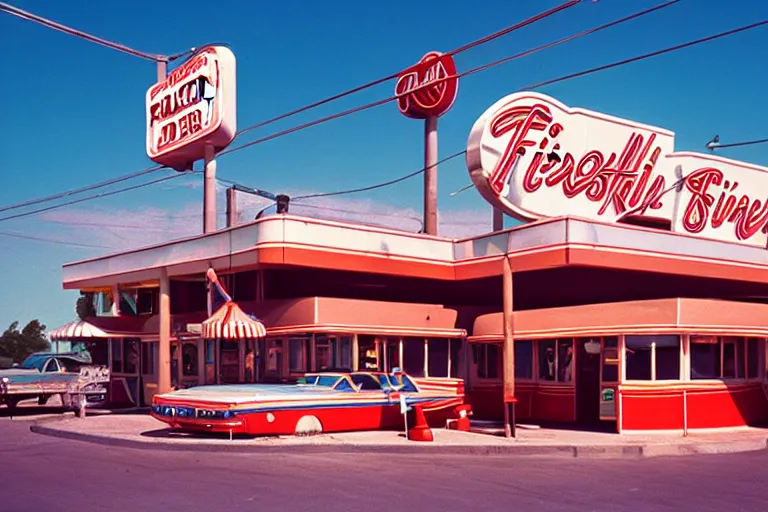 Prompt: 1 9 8 5 fish themed classic american diner, googie architecture, two point perspective, americana, fishcore, restaurant exterior photography, hd 8 k, taken by alex webb