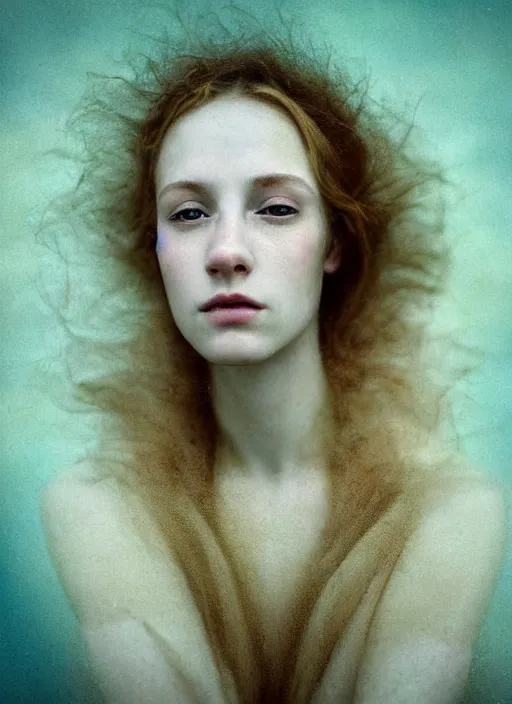 Image similar to Kodak Portra 400, 8K, soft light, volumetric lighting, highly detailed, britt marling style 3/4 by Martin Stranka , extreme Close-up portrait photography of a beautiful woman how pre-Raphaelites with her eyes closed,inspired by Ophelia by Martin Stranka, the face emerges from water of Pamukkale, underwater face, hair are intricate with highly detailed realistic beautiful brunches and flowers like crown, Realistic, Refined, Highly Detailed, soft blur background, outdoor soft pastel lighting colors scheme, outdoor fine art photography, Hyper realistic, photo realistic