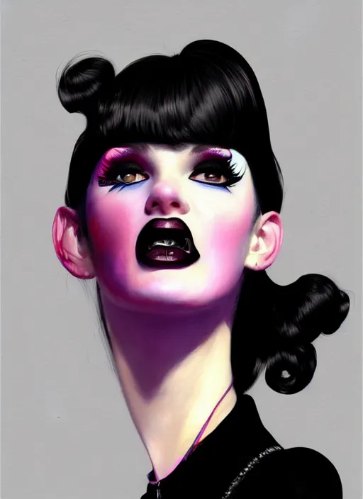Prompt: portrait of a fun young woman with a crooked nose and a confident expression, 1 9 6 0 s, black clothes, goth, punk, brightly coloured hair, funk, intricate, elegant, highly detailed, digital painting, artstation, concept art, smooth, sharp focus, illustration, art by wlop, mars ravelo and greg rutkowski