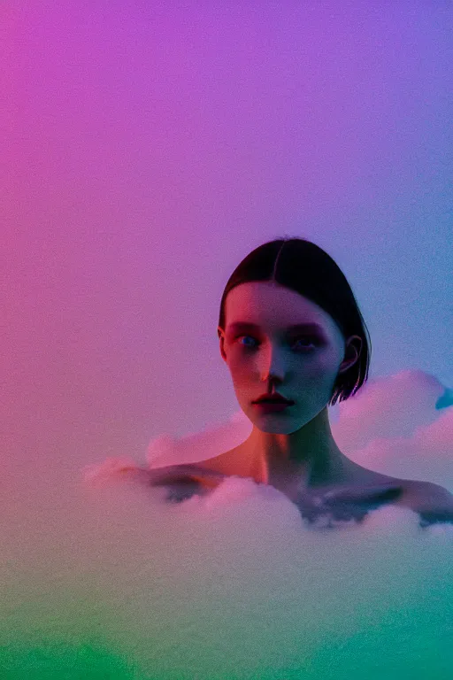 Image similar to high quality pastel coloured film close up wide angle photograph of a model wearing clothing swimming on cloud furniture in a icelandic black rock!! environment in a partially haze filled dreamstate world. three point light, rainbow. photographic production. art directed. pastel colours. volumetric clouds. pastel gradient overlay. waves glitch artefacts. extreme facial clarity. 8 k. filmic.