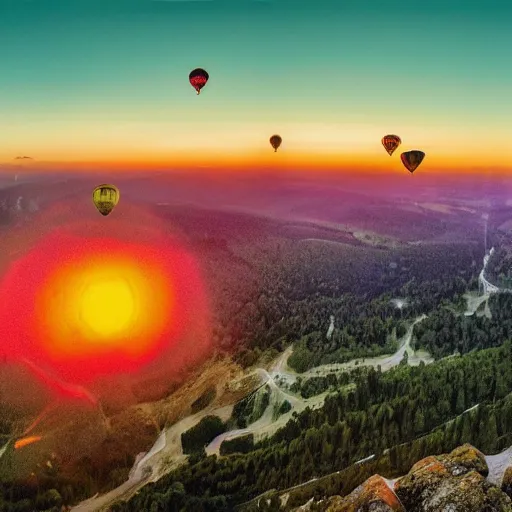 Image similar to panoramic picture taken with a wide angle lens from the top of a high mountain. hundreds of brightly coloured hot air balloons are floating in the sky. picture taken at sunset. simon stalenhag style, extremely detailed scenic, impressive lighting