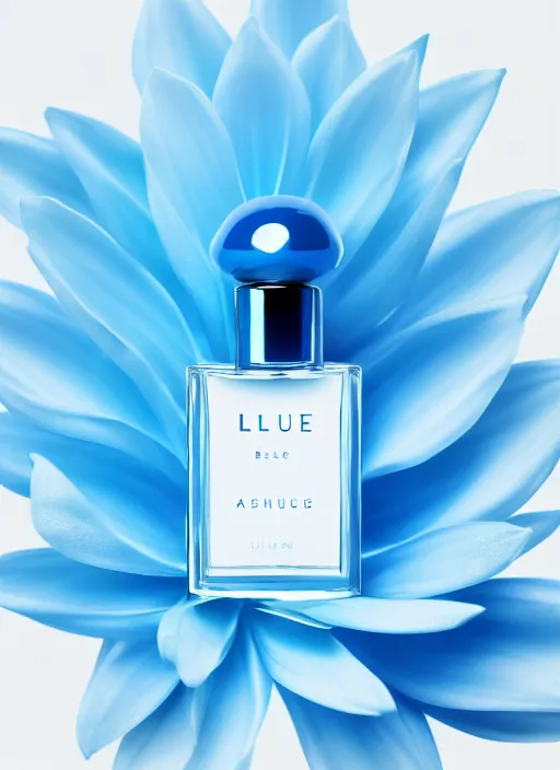 Image similar to blue perfume standing in white enchanted sparse blue flowersup close shot, sharp focus, zen, clean, modern minimalist, vogue octane highly render, 4 k, ultra hd,