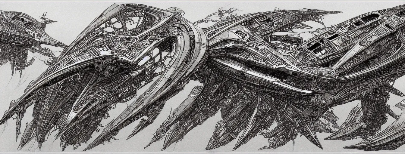 Prompt: highly detailed concept art sheet drawing, side view, sf interstellar travel drive designs, intricate and stylized spaceship designs by zdizslaw beksinski, h. r giger, alphonse mucha