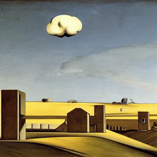 Image similar to dreaming futuristic rural landscape with modern houses, painted by Giorgio de Chirico, highly detailed