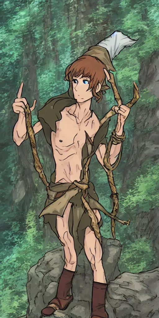 Image similar to an wood elf boy getting ready for an high fantasy adventure on the mountain side, anime style, tarot card, Tarot card the fool