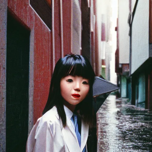 Image similar to 1990s perfect 8K HD professional cinematic photo of close-up japanese schoolgirl posing in sci-fi dystopian alleyway at morning during rain, at instagram, Behance, Adobe Lightroom, with instagram filters, depth of field, taken with polaroid kodak portra