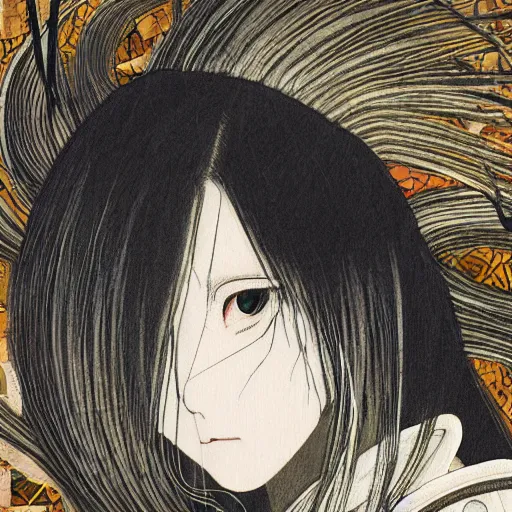 Image similar to yoshitaka amano blurred and dreamy realistic illustration of a japanese woman with black eyes, wavy white hair fluttering in the wind wearing elden ring armor with engraving, abstract patterns in the background, satoshi kon anime, noisy film grain effect, highly detailed, renaissance oil painting, weird portrait angle, blurred lost edges, three quarter view