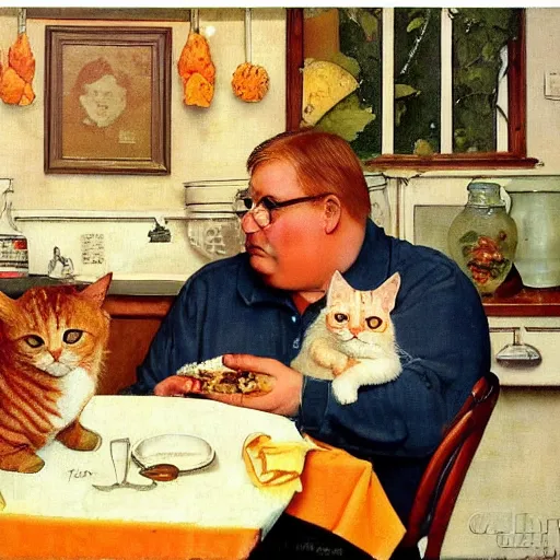 Image similar to fat orange tabby cat next to curly haired man and lasagna on table, norman rockwell